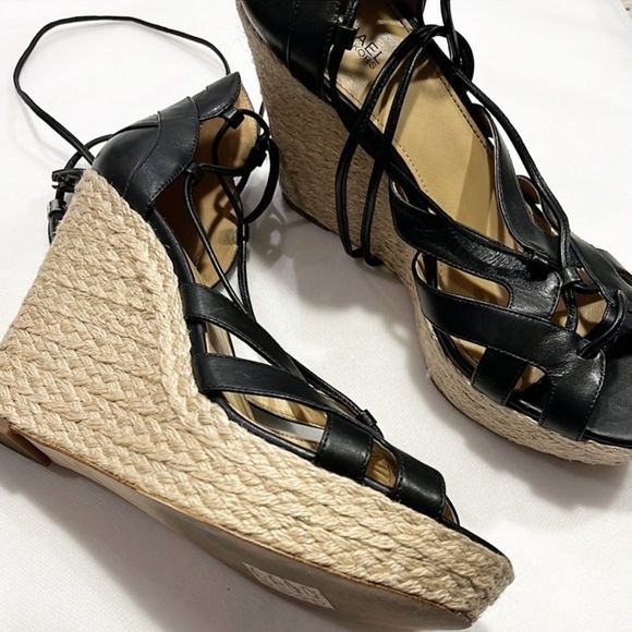 Michael Kors Leather Espadrille Lace Up Black Wedge Sandals size 9 - Picture 4 of 13
